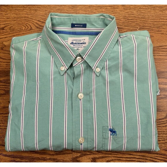 Abercrombie Button Up Mens XL Green Striped Muscle Fit  22" Pit To Pit - Picture 13 of 13